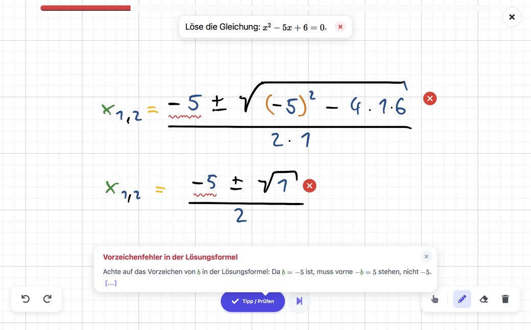 Handschriftlich gelöste quadratische Gleichung, darunter der Hinweis „Vorzeichenfehler in der Lösungsformel“