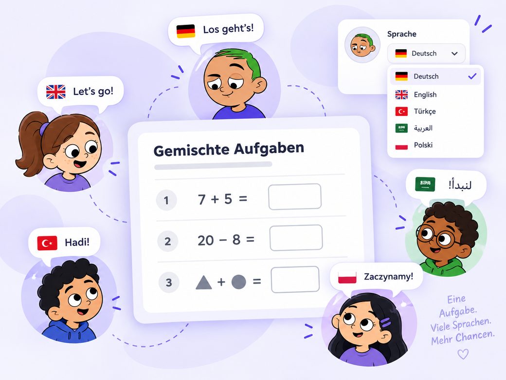 Dieselbe Rechenaufgabe wird von Kindern in Deutsch, Englisch, Türkisch, Arabisch und Polnisch bearbeitet